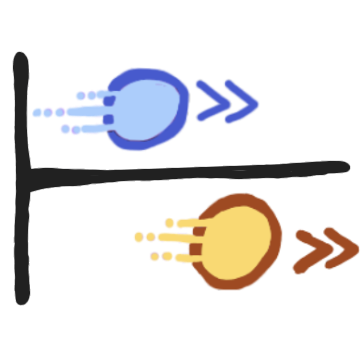 there is a black sideways capital t, on one side is a blue circle with steaks coming from behind it, and 2 arrows in front. On the other side is a yellow circle with streaks and 2 arrows in front. The blue circle is a bit behind the yellow one.
